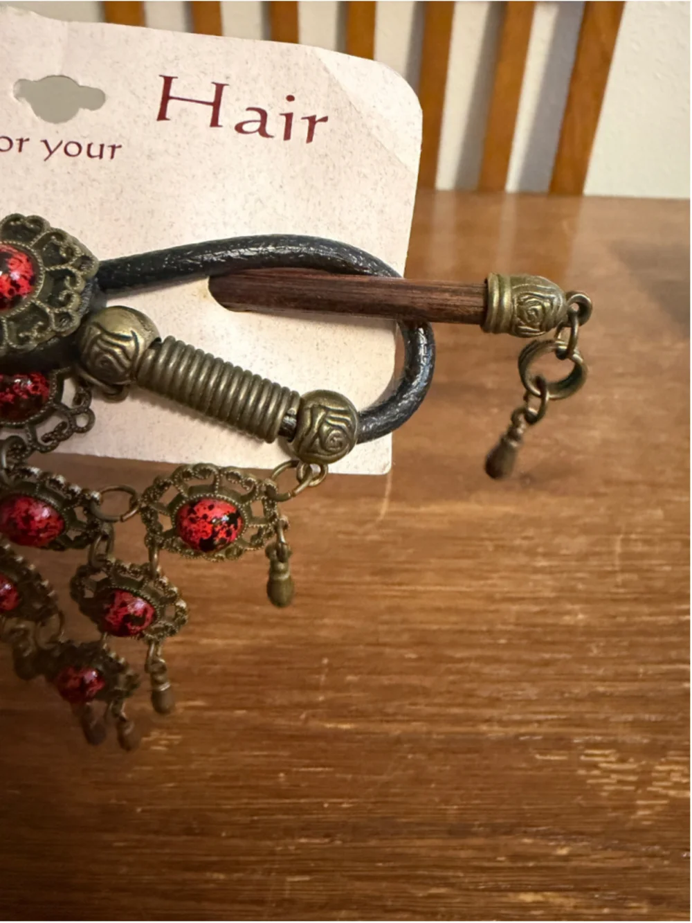 Vintage Flair For Your Hair Red Cabochon Hair Stick Antique Brass Tone Dangle Ha